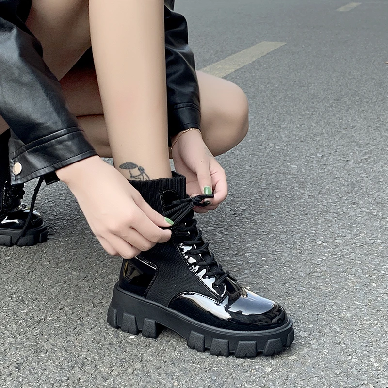Boots Women Leather Lace-Up Gothic Black Sock Platform Fashion Ladies Shoes Ankle Botas Mujer | Обувь
