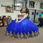 Современные Золотые Аппликации синие платья для Quinceanera милое корсет до пола Тюлевое пушистое платье для выпускного вечера элегантные Sweeet 15 нарядов