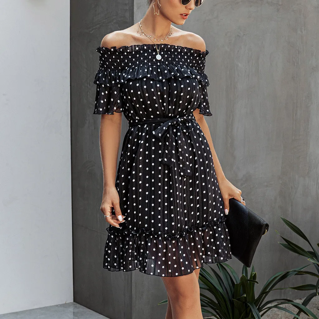 Женское шифоновое платье в горошек на шнуровке с оборками открытыми плечами и