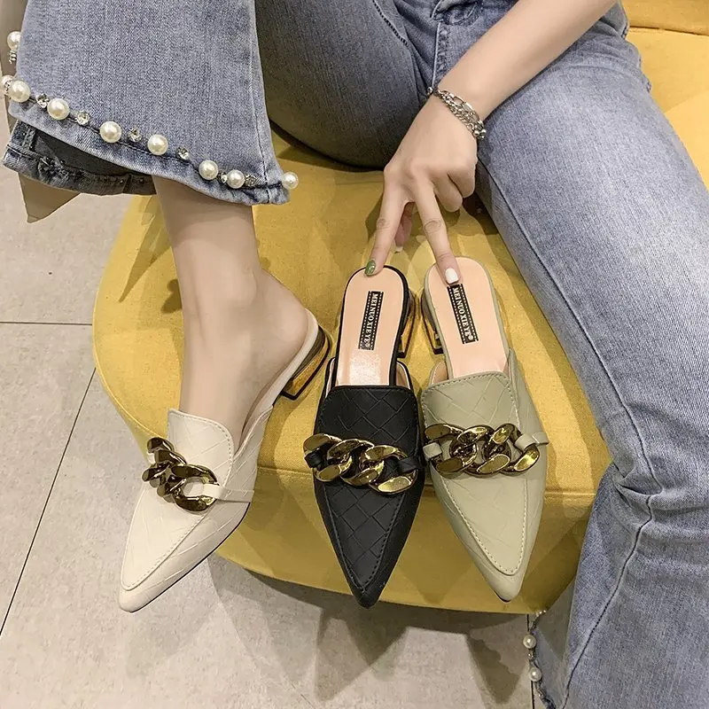 

Shoes Slippers Casual Rivet Slipers Women Female Mule Pointed Toe Med Loafers Slides Low Luxury Soft Summer 2021 Mules Cover Hoo