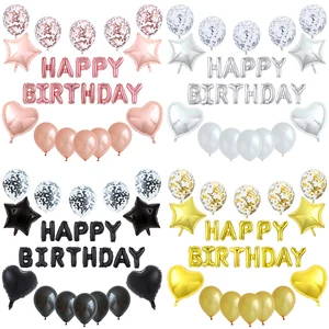 Воздушные шары с надписью Happy Birthday 27 шт.компл., шары из розовой, золотой, серебряной фольги, шары со звездами, сердечками для взрослых, украшение для дня рождения, для детей
