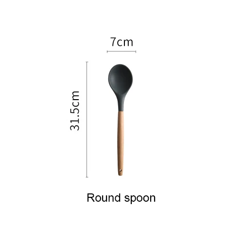 Round spoon Силиконовые кухонные инструменты Наборы для приготовления пищи суповая ложка лопатка антипригарная лопата с деревянной ручкой специальная термостойкая конструкция - Цвет: Round spoon
