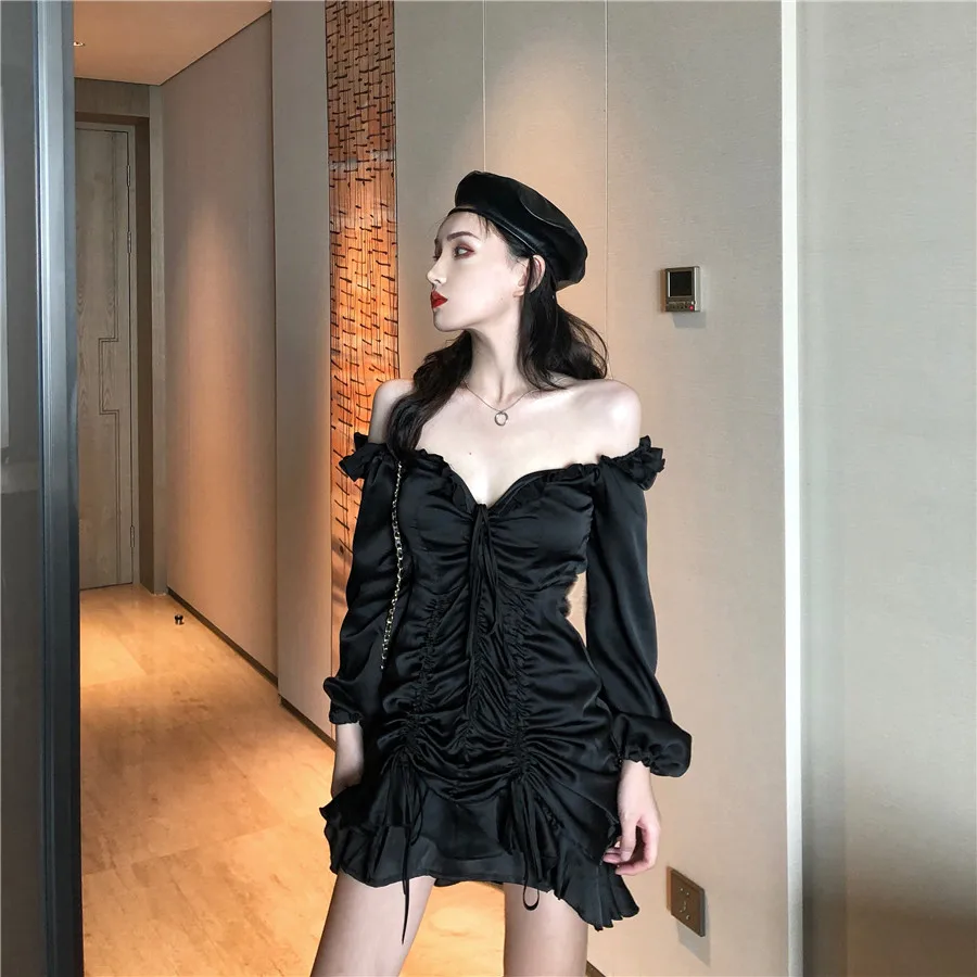 

2021 New Spring Autumn Socialite Style Ruched Dress Women Chic Elegant Black Long Sleeve Vintage Strapless Dress Off Shoulder