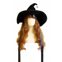 adult halloween witch hat cosplay large black costume velvet pointed cap with string strap