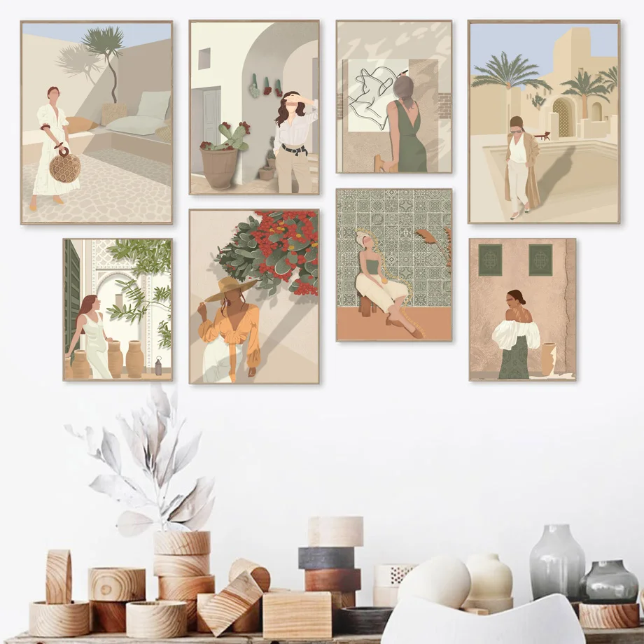 

Модные настенные картины для девочек, абстрактные картины с изображением деревьев и листьев, Постер в стиле бохо и печать, картина с изображ...