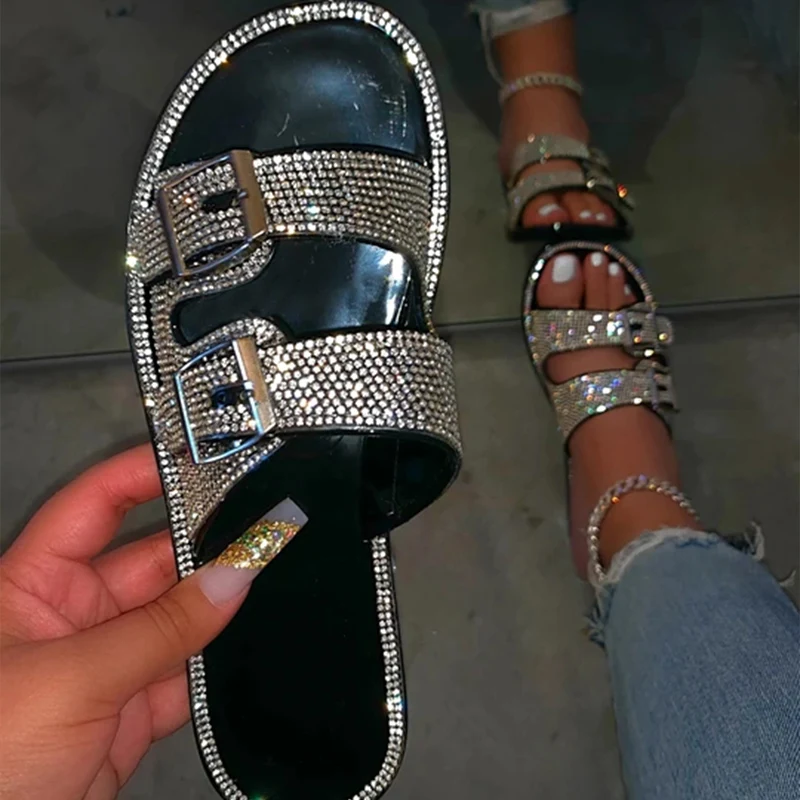 

Сланцы женские с пряжкой, пляжные шлепанцы, повседневная обувь на плоской подошве, украшенные блестками