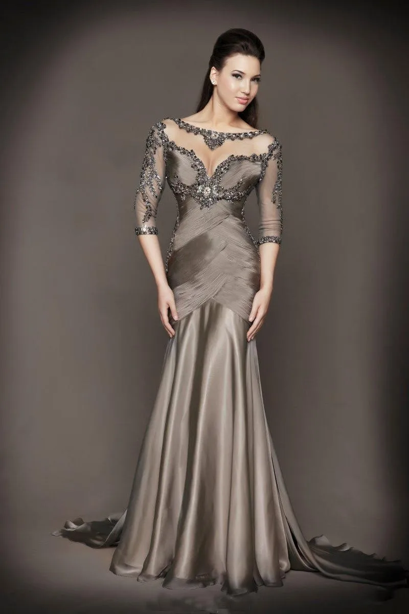 

Backless Long Brides Mother Dresses For Weddings 2019 Mother Of The Bride Dresses Mermaid Half Sleeves Gray See Through Beaded