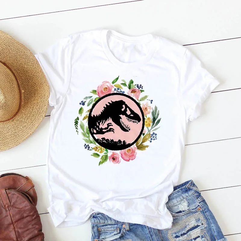 

T Shirt Women dinosaur flower Cute plaid Mama Summer Female Camisa Mujer Top Graphic Mother Women Print Tshirt Tees T-shirt