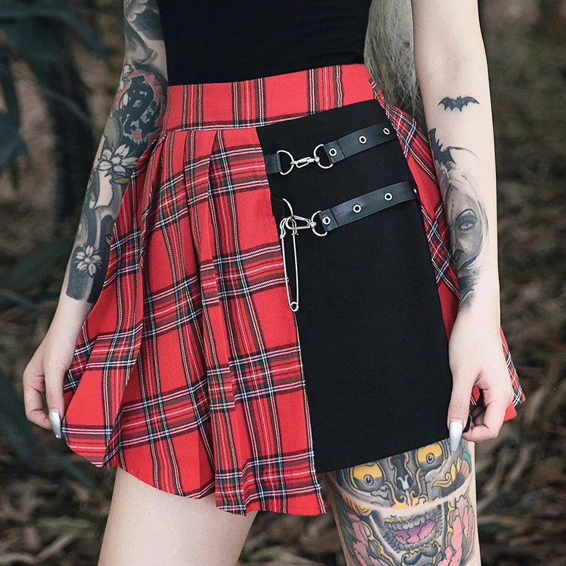 

Summer Autumn Harajuku Women Fashion Skirts Cute Yellow Black Red Pleated Skirt Punk Style High Waist Female Mini Short Skirt