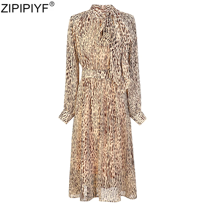 

Leopard Dress 2020 Women Chiffon Long Beach Dresses Slim Long Sleeve Stand Collar A-line Sexy Party Dress Vestidos de fiesta