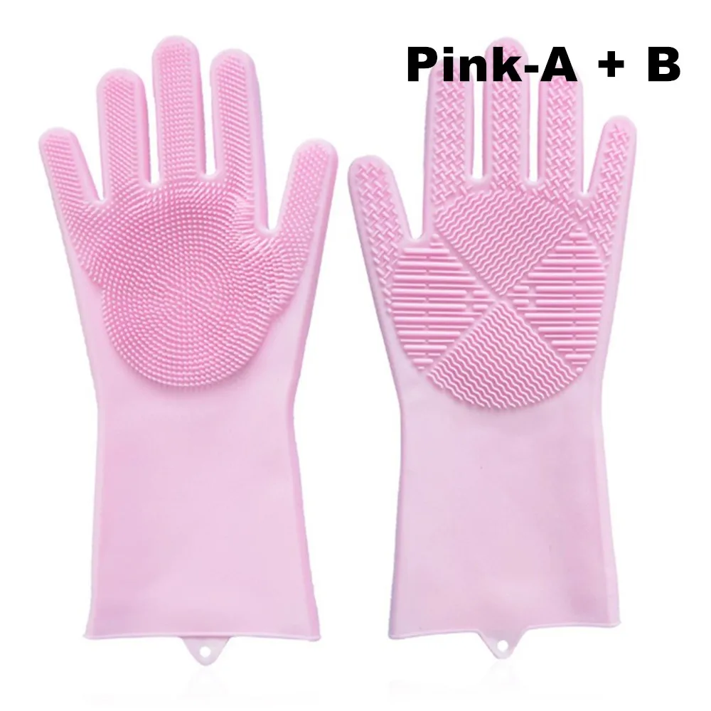 Pink A and B Силиконовые перчатки для мытья посуды волшебный, резиновый очистки перчатки многоразовые тип стирки перчатки для Кухня, Ванная комната, домашних животных, автомобиль(розовый - Цвет: Pink A and B