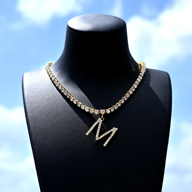 

Ice Out Chain Initial Crystal Necklace A-Z Letter Cuban Link Gold Siver Color Choker Pendant Female Fashion Statement Jewelry
