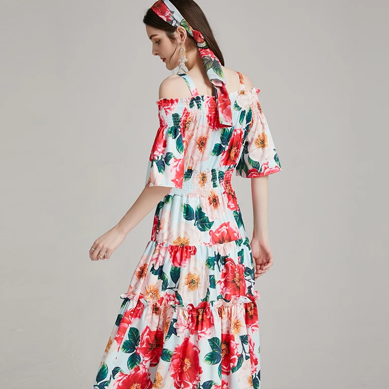 

Sophony Runway Designer Summer Sexy Off Shoulder Midi Dress Women's Elastic Waist Red Camellia Flower Print Dresses S7281