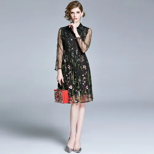 

2020 Top Grade Floral Embroidery Tunic Noble Dress Spring Summer Elegant Vocation Dress Women Turn-down Collar Vintage Dress