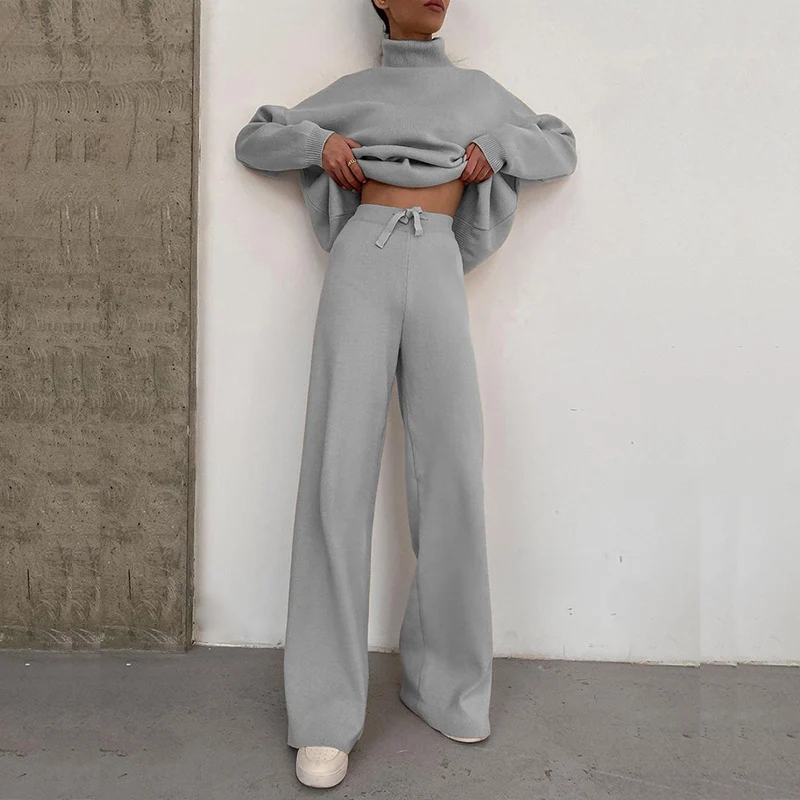 

Autumn Fashion Turtleneck Long Sleeved Pullover Top+Wide Leg Pants Suit Elegant Fleece Outfits Women Casual Winter Two Piece Set