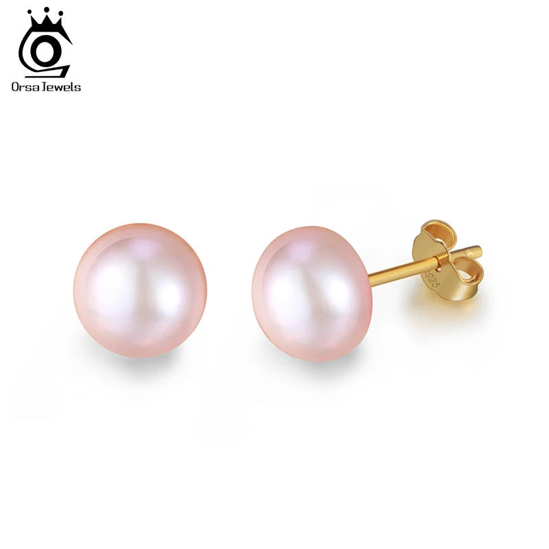 ORSA JEWELS, женские серьги-гвоздики с натуральным пресноводным жемчугом, 8 мм, белый, розовый жемчуг, 925 пробы, серебро, Женские Ювелирные изделия для вечеринки RSE86