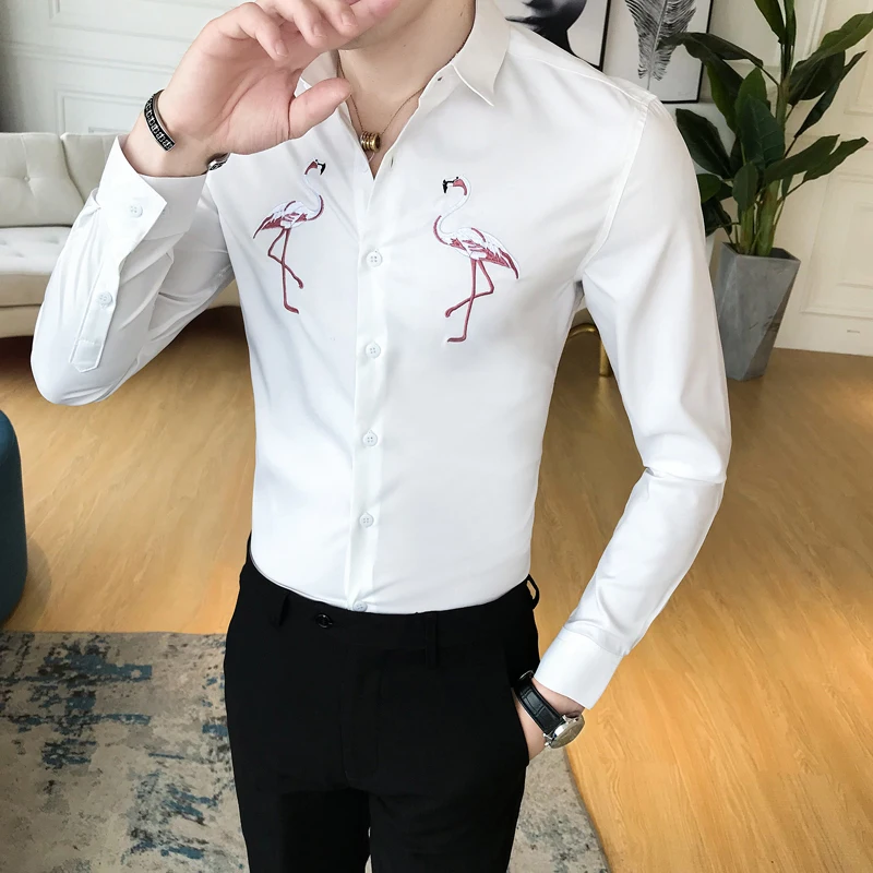 

Solid Men Shirts 2021 New Flamingo Embroidery Mens Shirt Vintage Slim Fit Formal Dress Camisas Para Hombre Casual Maale Clothing
