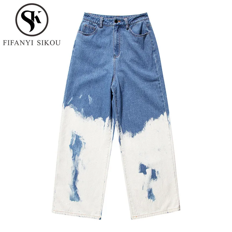 Jeans for Women Streetwear Fashion Painted High waist Jeans Wide leg Pants Female 2020 Spring Autumn Loose Washed Straight Jeans