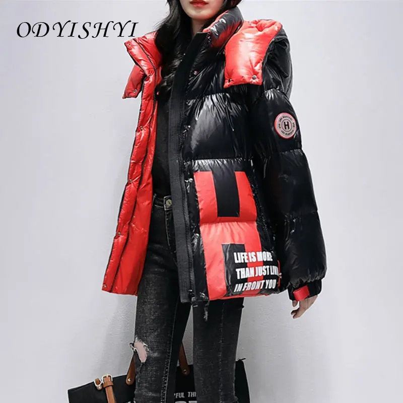 

Parka Thick Winter Down Coat Women 2021 Tide Glossy Patent Leather Printed Letters 90% White Duck Down Short Jacket Hooded QQ20
