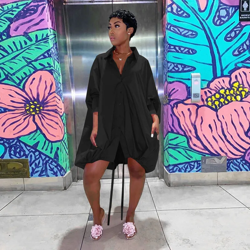 

Autumn Long Sleeve White Pleated Shirt Dress 2021 Women Casual Turn Down Collar Dress Button Lady Office