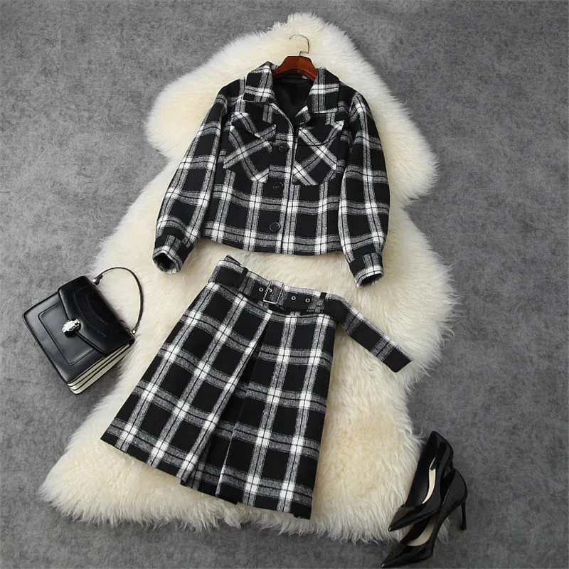 

2020 New Autumn Winter Runway 2 Piece Set Women Elegant Long Sleeve Retro Plaid Woolen Jacket and Skirt Suit Casual Twinset
