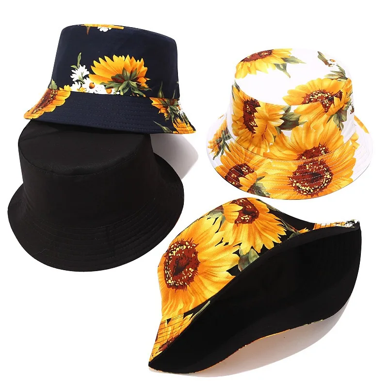 

NEW Sunflower Printing Panama Bucket Hat Women Double Sided Wearing Fisherman Bucket Cap Summer Reversible Flat Top Basin Hat