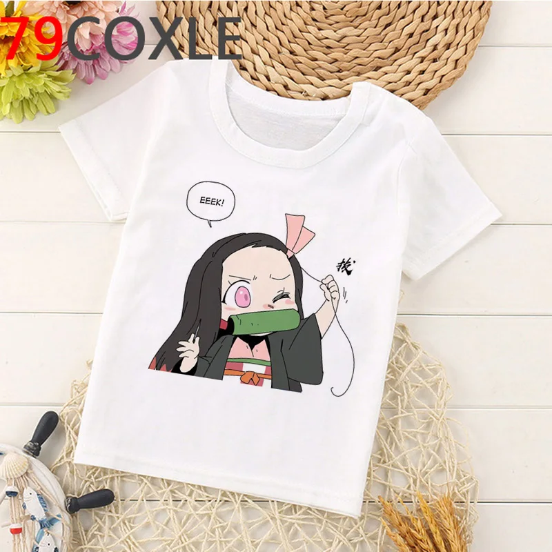 Демон убийца T рубашка для детей принт с героями мультфильмов Kawaii Kimetsu без Yaiba