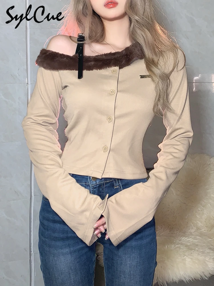 

Sylcue Woolen Stitching Belt Nameplate Design Oblique Collar Slim Fit Comfortable Elastic Casual Women's Trendy Short Top