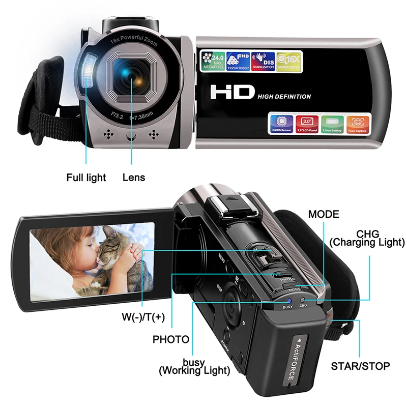 Видеокамера видеокамера цифровая YouTube Vlogging FHD 1080P 24MP вращение на 270 градусов 16X
