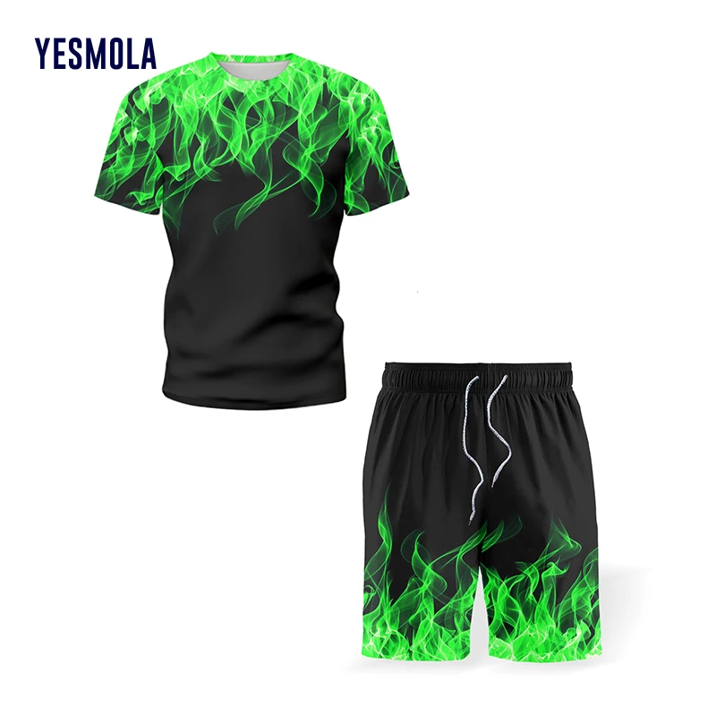 

Мужской спортивный костюм YESMOLA, повседневный спортивный костюм из двух предметов, футболка с коротким рукавом и принтом, лето 2021