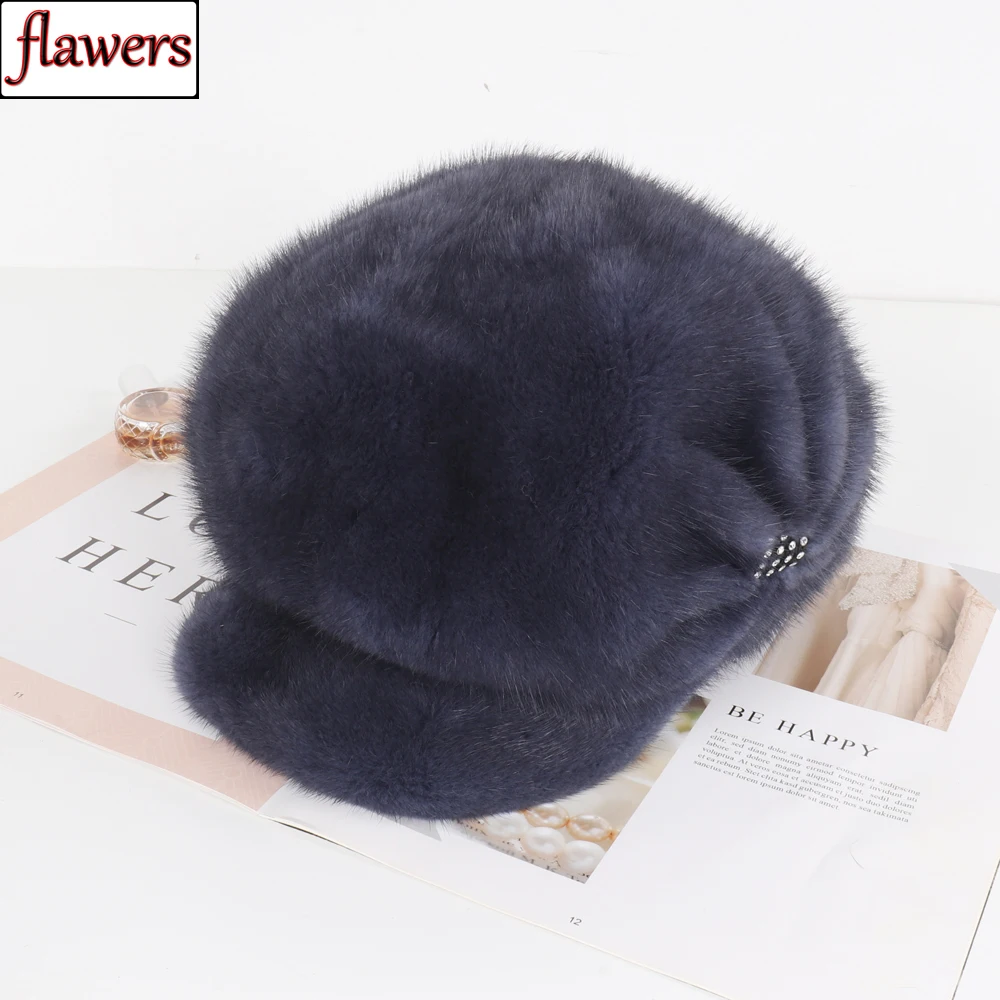 

New Luxurious Ladies Fashion 100% Natural Mink Fur Visors Caps Winter Women Warm Outdoor Mink Fur Cap Full Pelt Female Fur Hats
