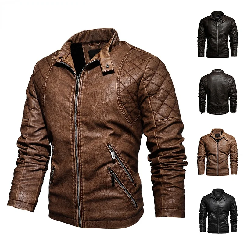 

2021 Mens Motorcycle Jacket Autumn Winter Men New Faux PU Leather Pocket Casual Embroidery Biker Coat Zipper Fleece Jackets
