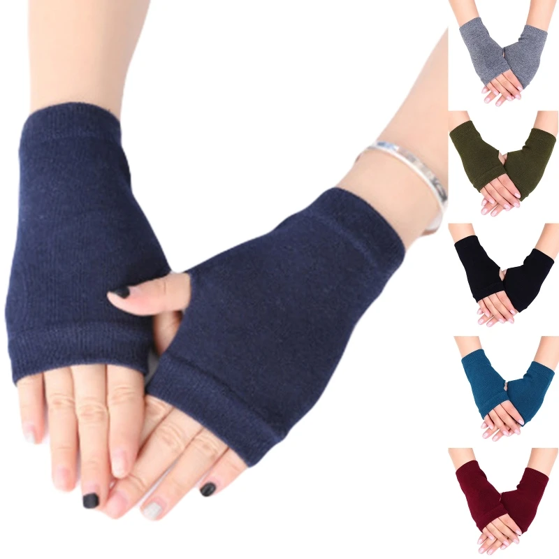 

Unisex Cotton Knitted Fingerless Gloves Solid Color Stretchy Thumb Hole Wrist Length Driving Mittens Hand Warmers