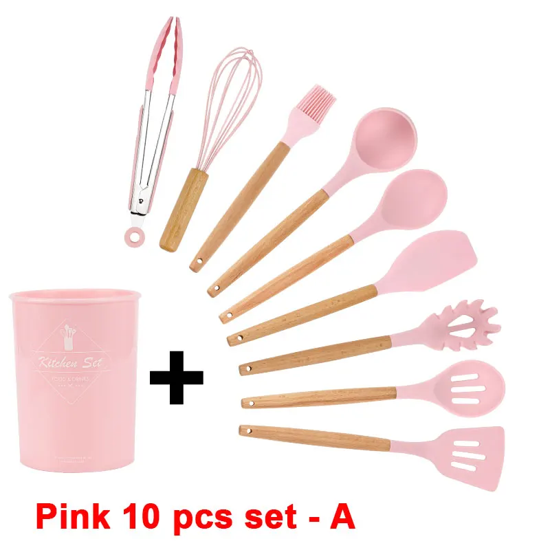 Pink 10 pcs set - A Набор кухонных силиконовых кухонных принадлежностей с антипригарным шпателем лопата с деревянной ручкой набор кухонных инструментов с ящиком для хранения кухонные инструменты - Цвет: Pink 10 pcs set - A
