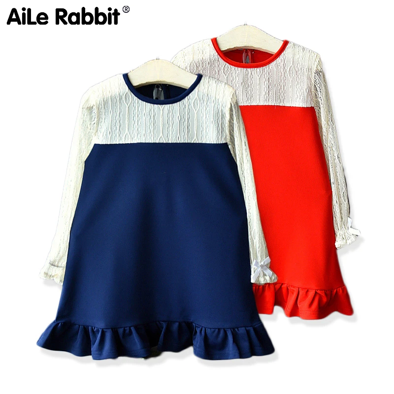 Осень 2019 Новое поступление платье с длинным рукавом для девочек темно-синее