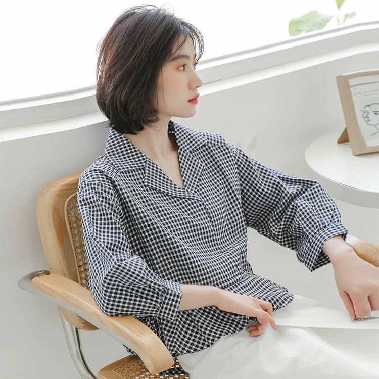 

New Women Harajuku Blouse 2020 Spring Summer Fashion V-Neck Plaid Cotton Linen Shirt Female Casual Cropped Tops