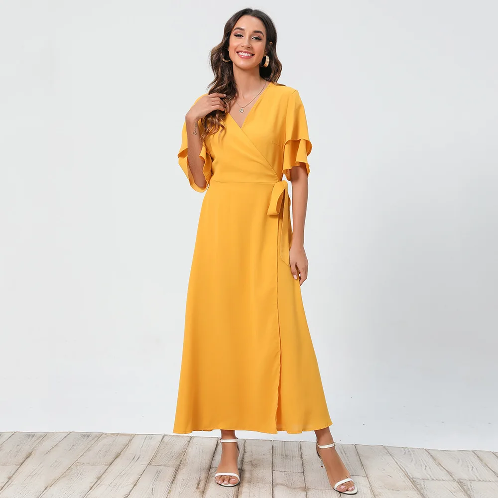 

Женское модное платье на шнуровке с высокой талией и коротким рукавом, длинное желтое платье с V-образным вырезом, элегантная женская одежда...