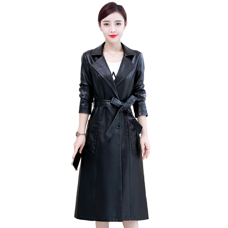 

X-Long Faux Leather Jacket Women Autumn Winter Turn-down Collar Long Coat with Belf Fashion Leather Trench Coat