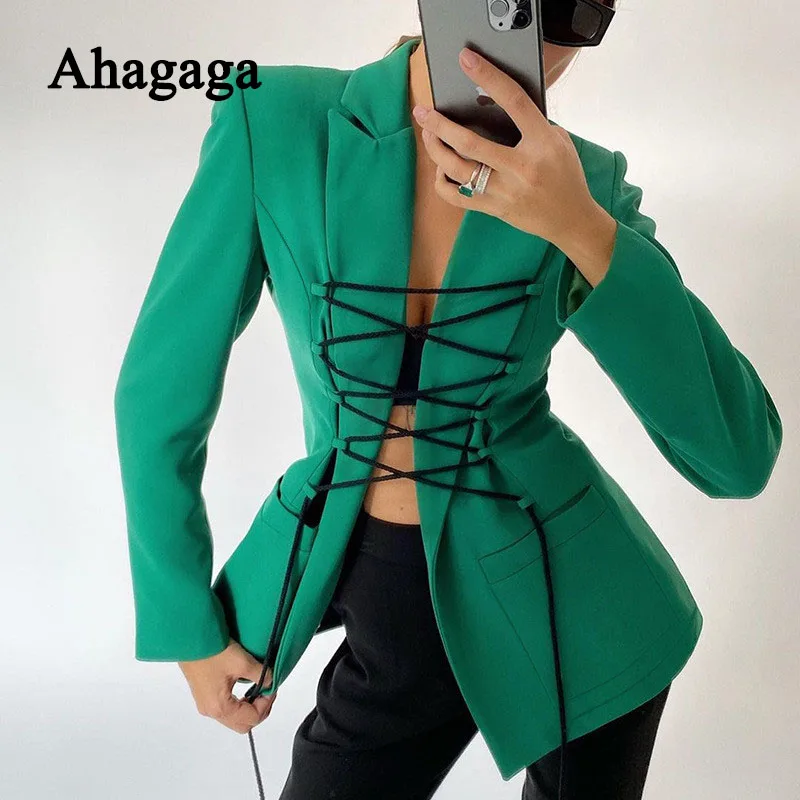 

Повседневный Блейзер Ahagaga на осень и зиму, Женский однотонный модный костюм с длинным рукавом, с завязками и карманами, Женское пальто, Женск...