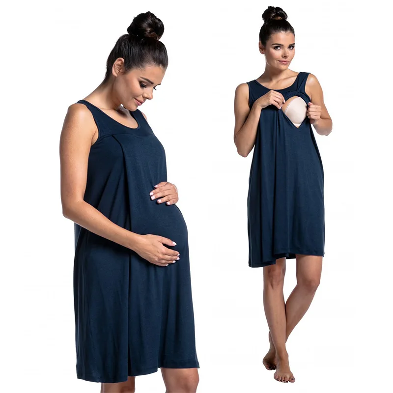 

New Maternity Dress Hospital Maternity Pajamas Solid Color Breastfeeding Dress Loose