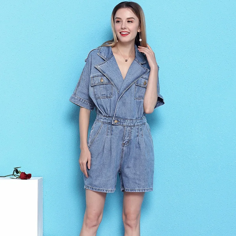Spring and summer new western style suit fashion playsuits elastic waist slim thin denim playsuits women shorts NW19B6008
