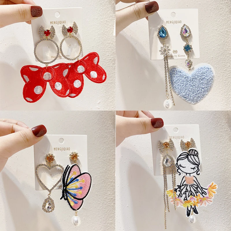 

MENGJIQIAO New Cute Cloth Bowknot Butterfly Exaggerated Dangle Earrings For Women Girls Luxury Rhinestone Jewelry Pendientes