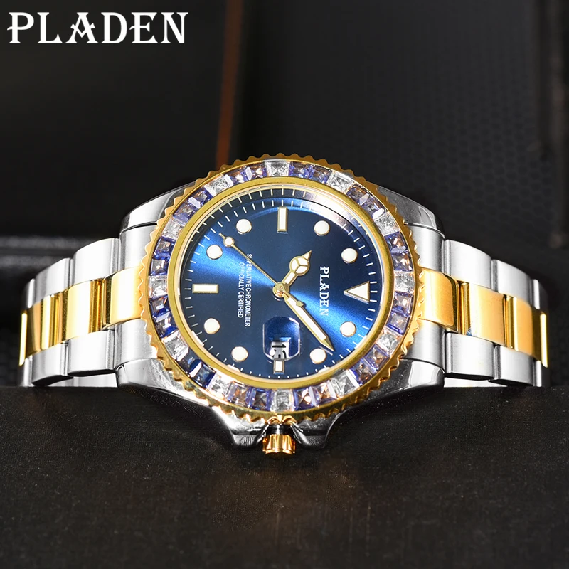 PLADEN Men Watches Geneva Top Brand Classic Blue Dial Auto Calendar Sport Gentlemen Clock Waterproof Business Dive Reloj Hombre