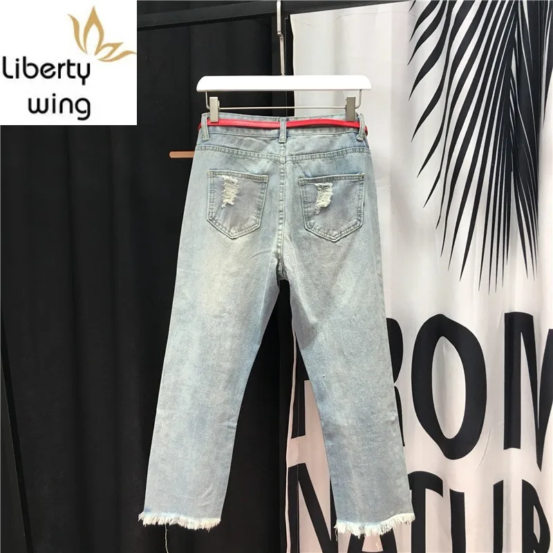 Модные женские рваные джинсы с дырками джинсовые шаровары высокой талией и