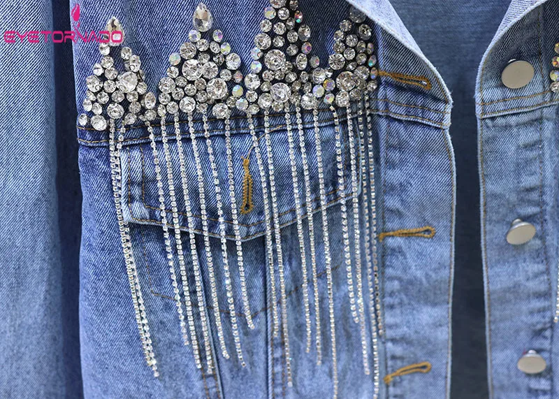 

2019 Beading Tassel Denim Jacket Women Long Sleeve Casual Oversized Cowboy Short Jeans Jacket Casual Pockets Bomber Coat