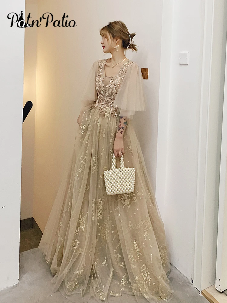 

Champagne Glitter Long Celebrity Dresses For Red Carpet Elegant V-Neck A-Line Floor-Length Women Formal Evening Gowns