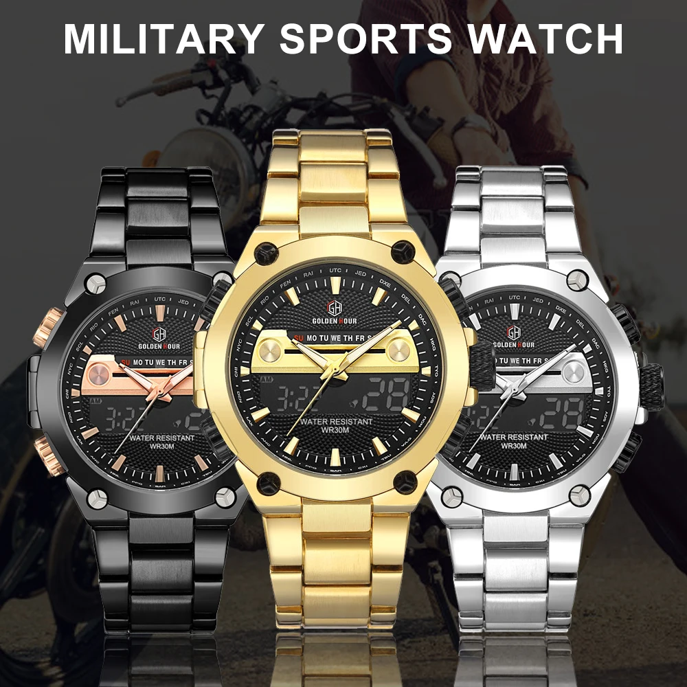 GOLDENHOUR цифровые наручные часы золотые Для мужчин мужские военные s 2020 кварцевые с