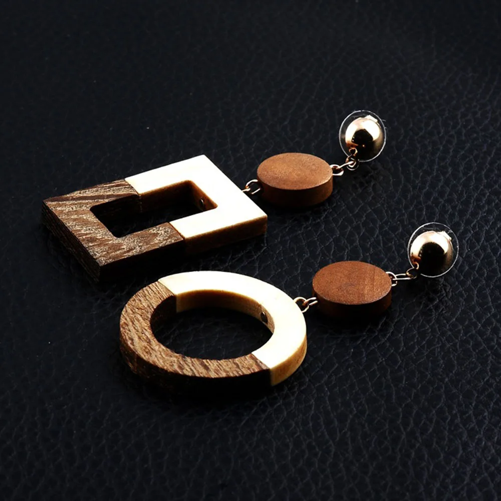 

New Fashion Square Round Wooden Drop Dangle Stud Earrings Women Simple Long Pendant Earrings For Girl Wedding Party Jewelry Gift