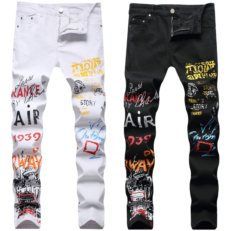 

New Men Jeans Stretch Slim Straight White Print Student Personality Fashion Jeans Men Trendy Brand Black Graffiti Long Pants Men