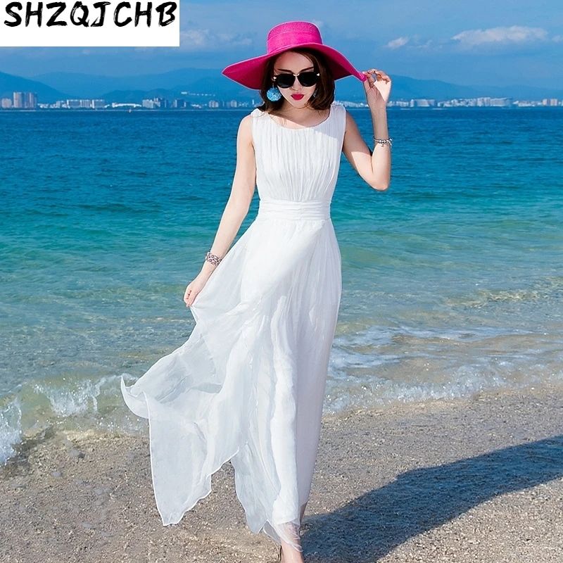 

JCHB 2021 White 100% Silk Dress Female Long Summer Beach Dresses Korean Clothes Party Dresses Vestidos De Verano 9925 KJ4591